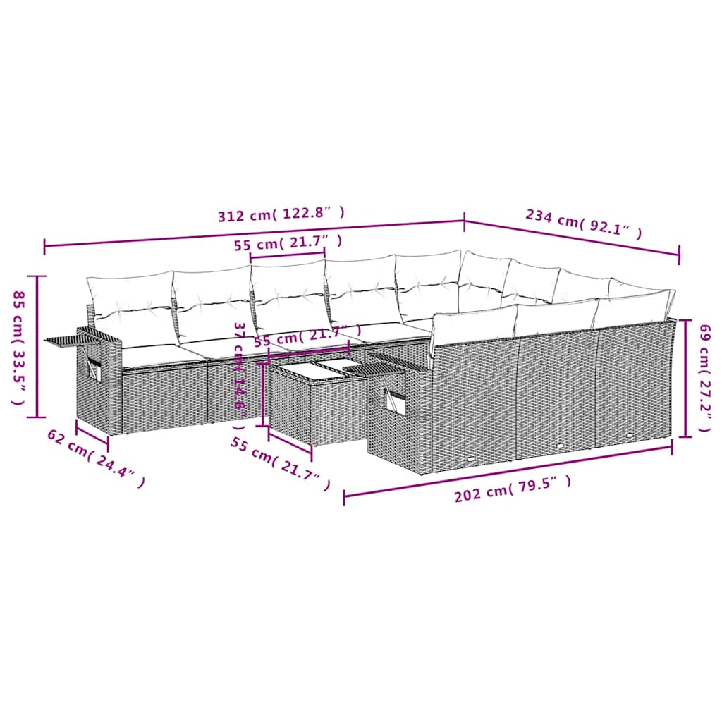11-tlg. Garten-Sofagarnitur mit Kissen Schwarz Poly Rattan