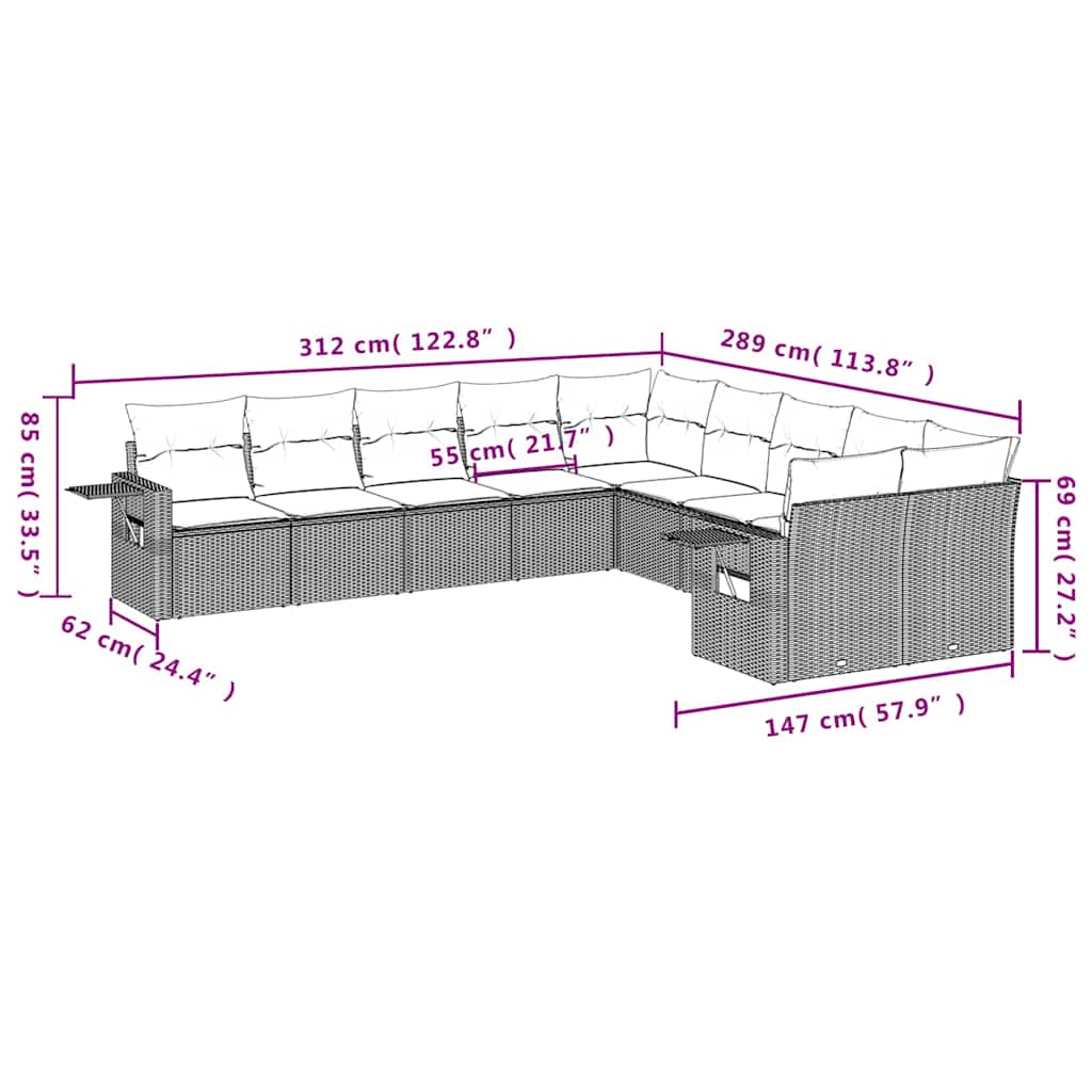 10-tlg. Garten-Sofagarnitur mit Kissen Schwarz Poly Rattan
