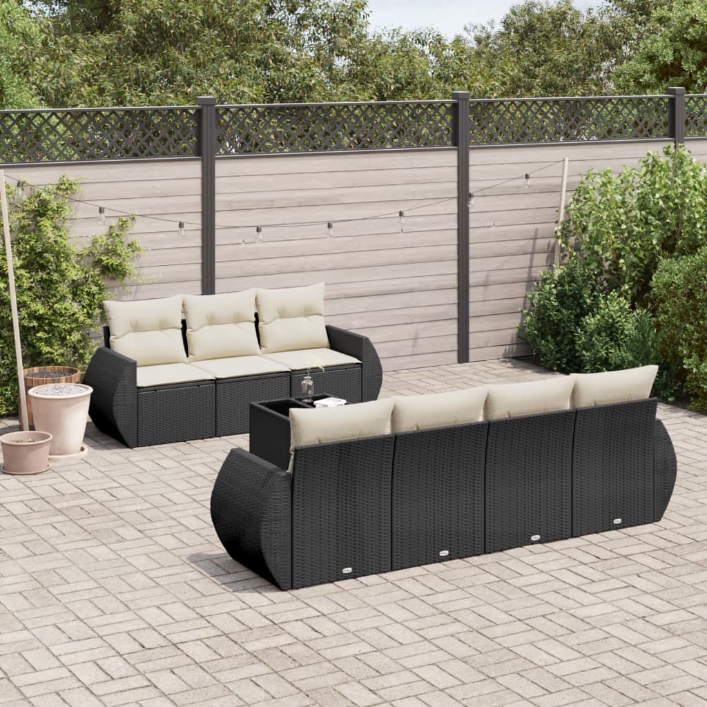 8-piece garden sofa set with cushions, black poly rattan