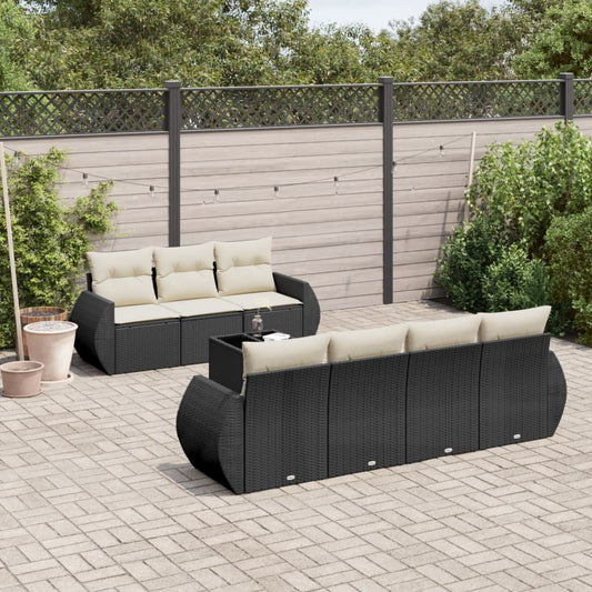 8-piece garden sofa set with cushions, black poly rattan