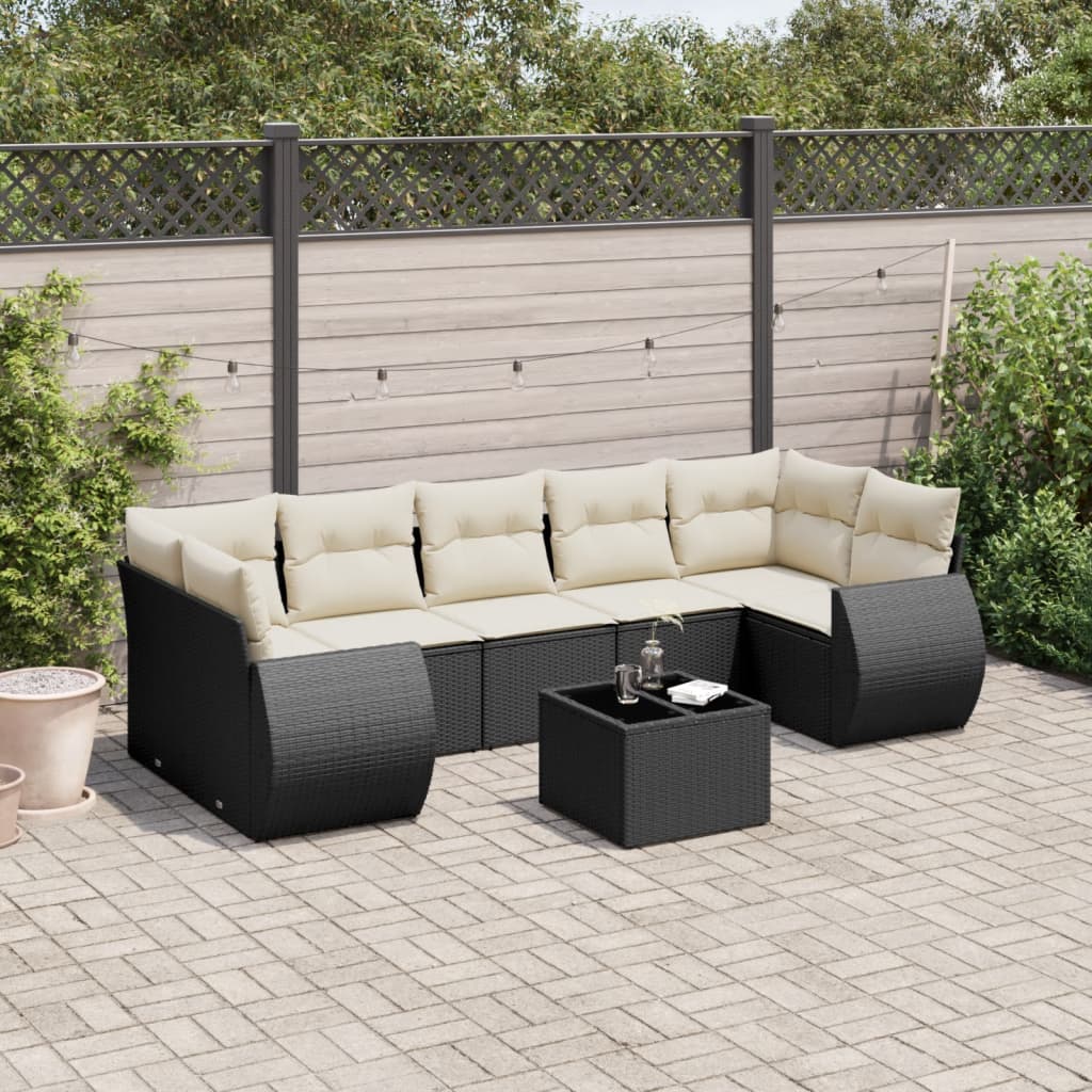 8-piece garden sofa set with cushions, black poly rattan