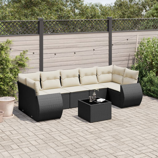 8-piece garden sofa set with cushions, black poly rattan