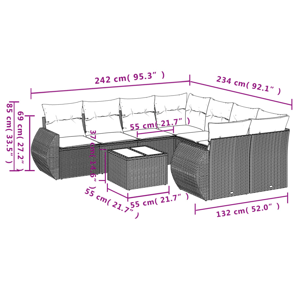 9-tlg. Garten-Sofagarnitur mit Kissen Braun Poly Rattan