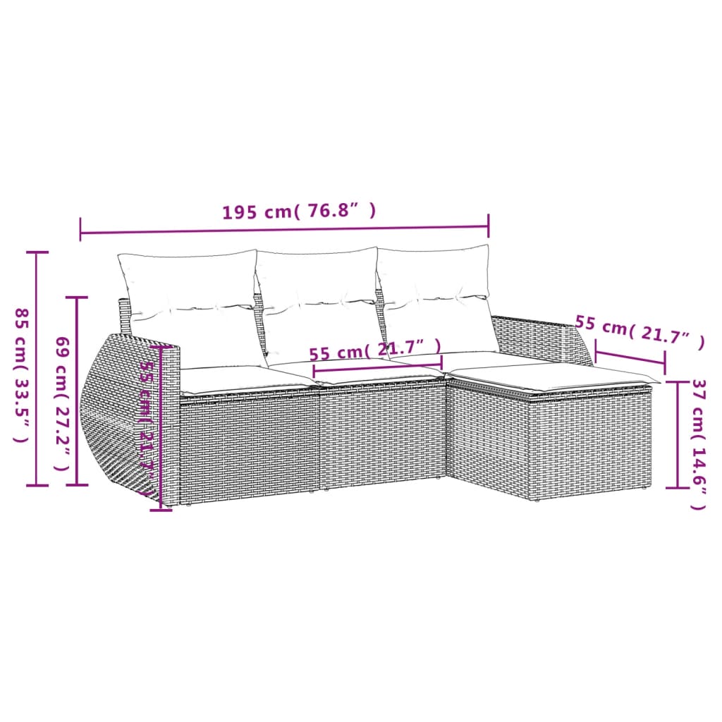 4-tlg. Garten-Sofagarnitur mit Kissen Braun Poly Rattan