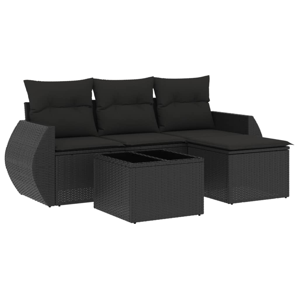 5-tlg. Garten-Sofagarnitur mit Kissen Schwarz Poly Rattan