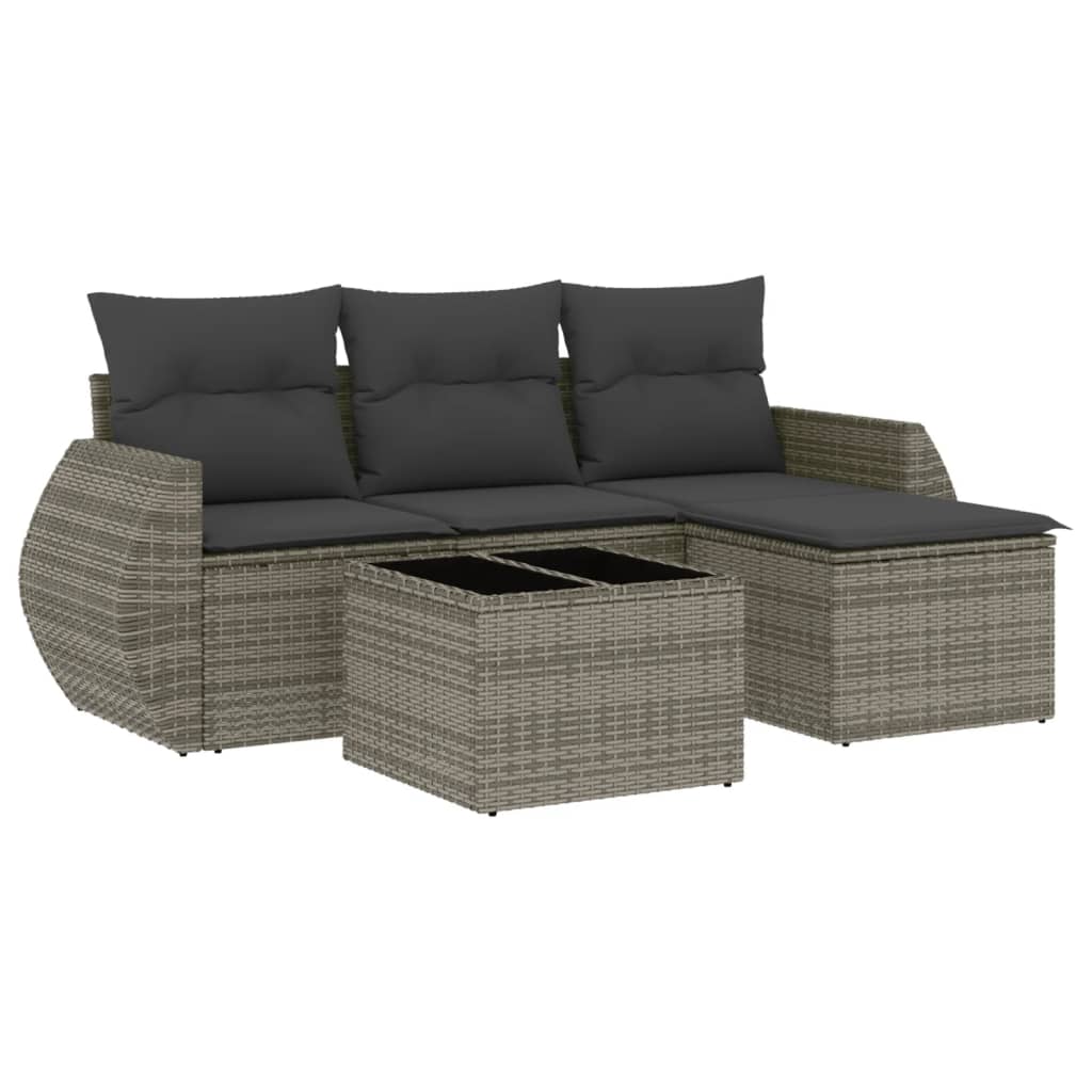 5-tlg. Garten-Sofagarnitur mit Kissen Grau Poly Rattan