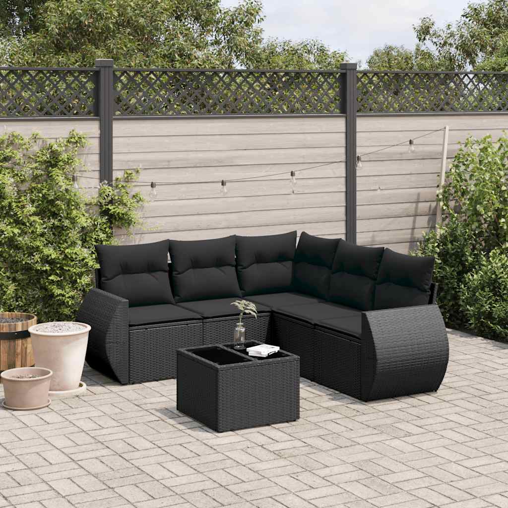 6-tlg. Garten-Sofagarnitur mit Kissen Schwarz Poly Rattan