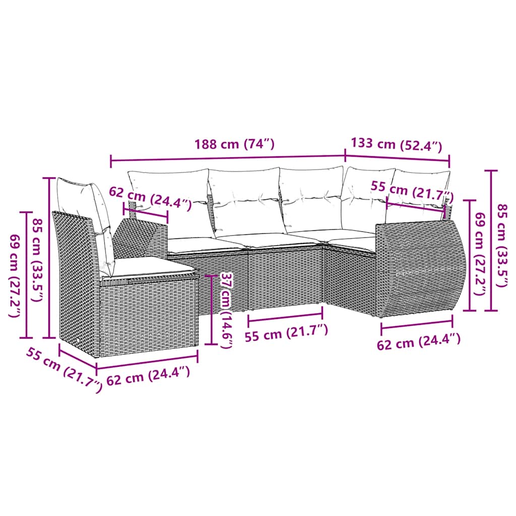 5-tlg. Garten-Sofagarnitur mit Kissen Hellgrau Poly Rattan