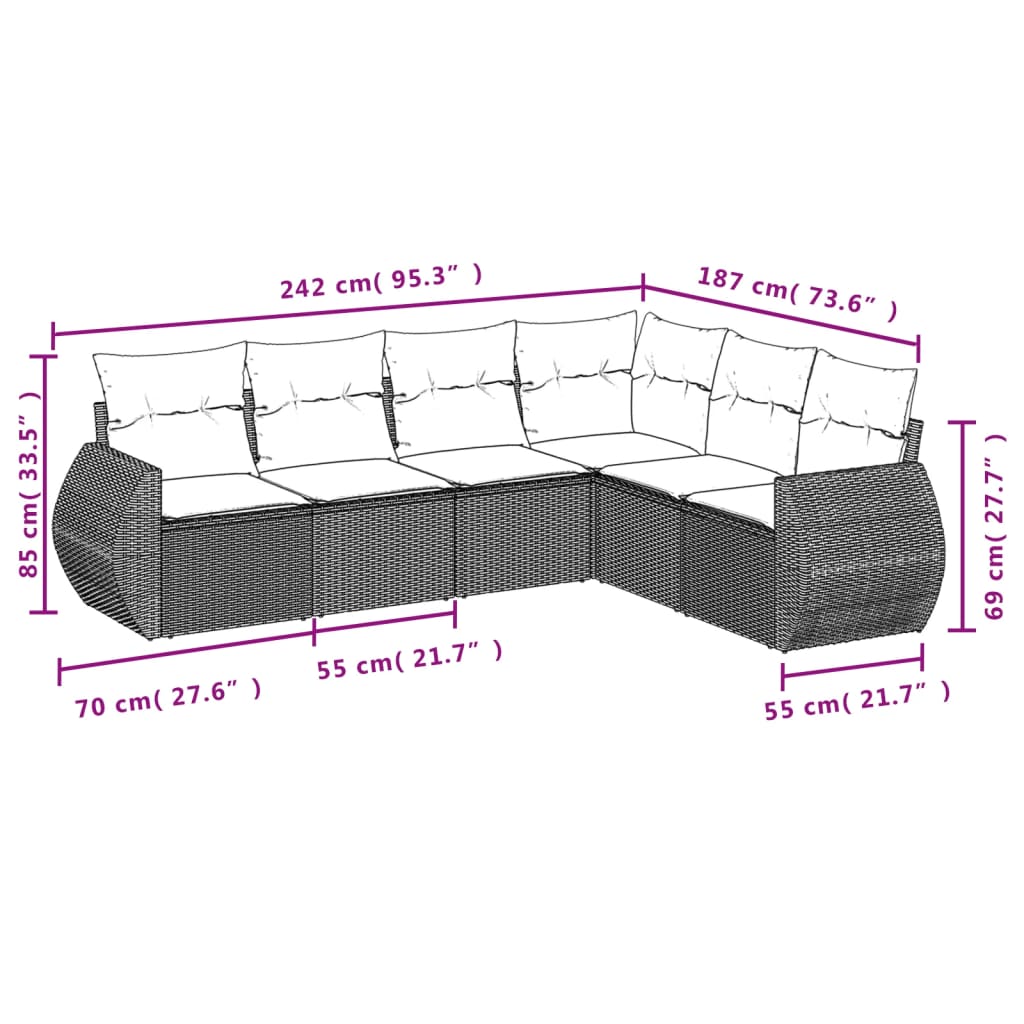 6-tlg. Garten-Sofagarnitur mit Kissen Braun Poly Rattan