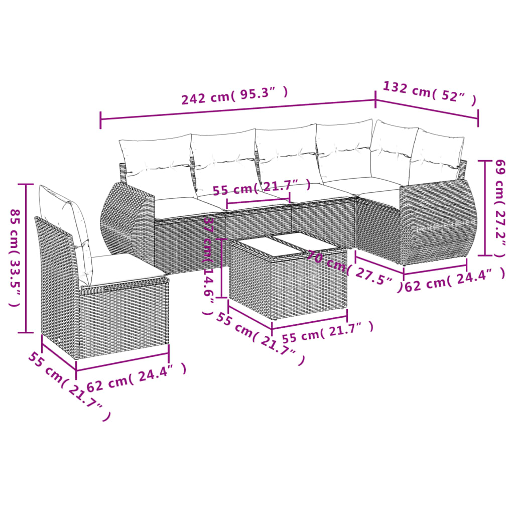 7-tlg. Garten-Sofagarnitur mit Kissen Braun Poly Rattan