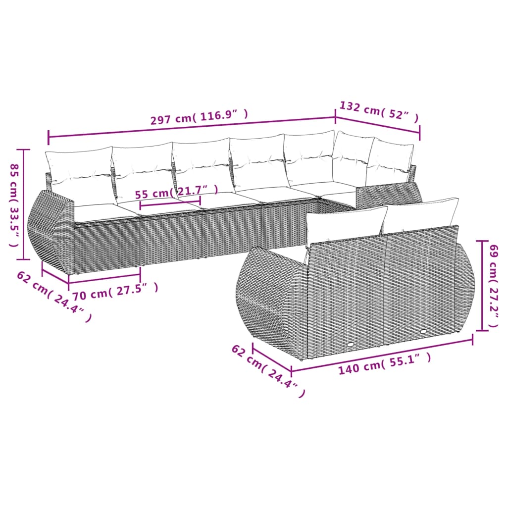 8-piece garden sofa set with cushions, black poly rattan