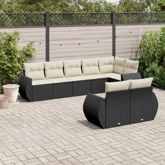8-piece garden sofa set with cushions, black poly rattan