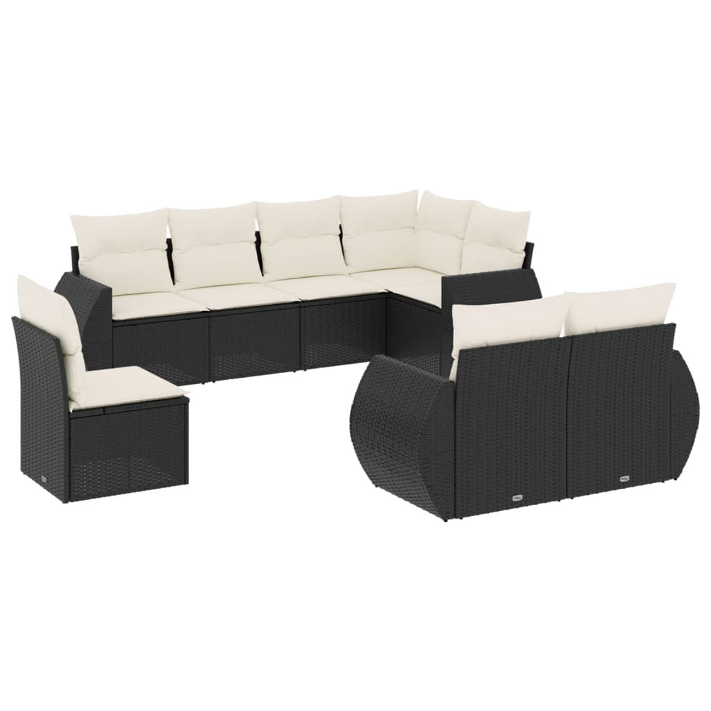 8-piece garden sofa set with cushions, black poly rattan