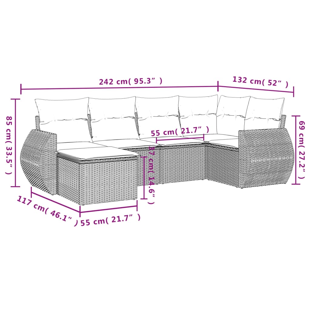 6-tlg. Garten-Sofagarnitur mit Kissen Grau Poly Rattan