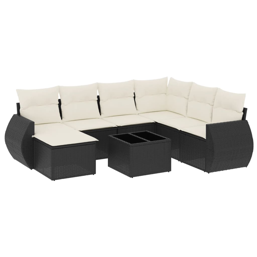 8-piece garden sofa set with cushions, black poly rattan