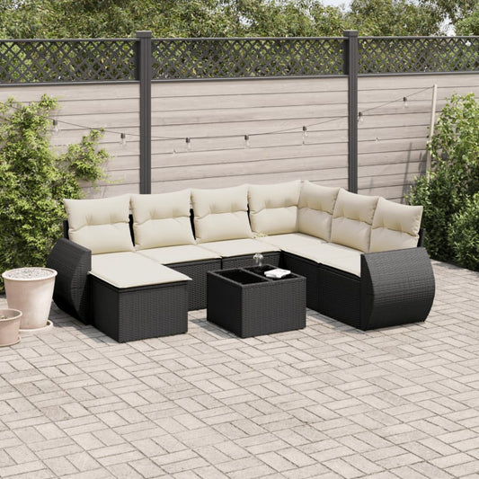 8-piece garden sofa set with cushions, black poly rattan