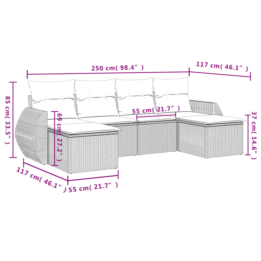6-tlg. Garten-Sofagarnitur mit Kissen Grau Poly Rattan