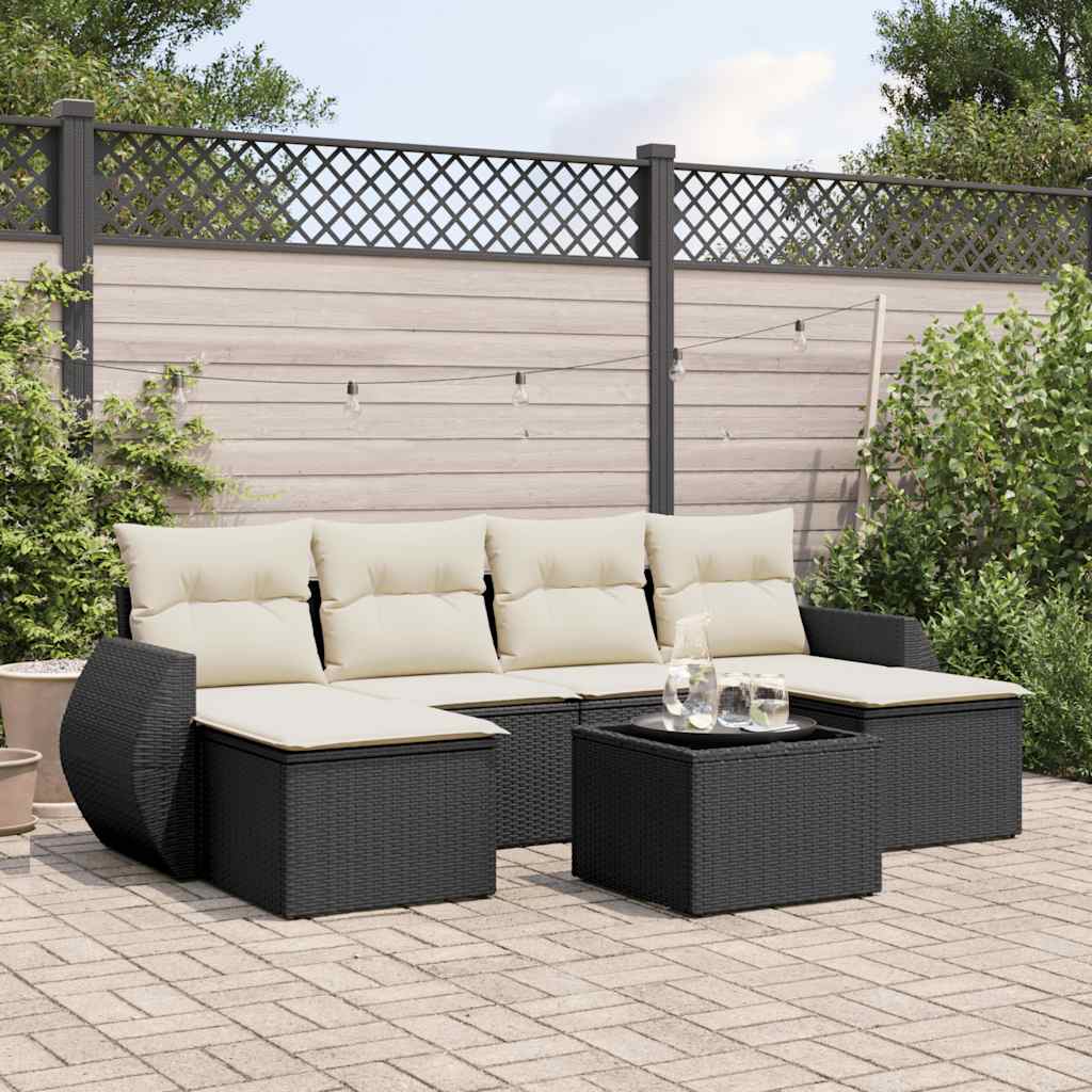 7-tlg. Garten-Sofagarnitur mit Kissen Schwarz Poly Rattan