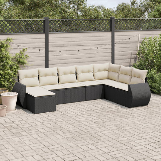 8-piece garden sofa set with cushions, black poly rattan