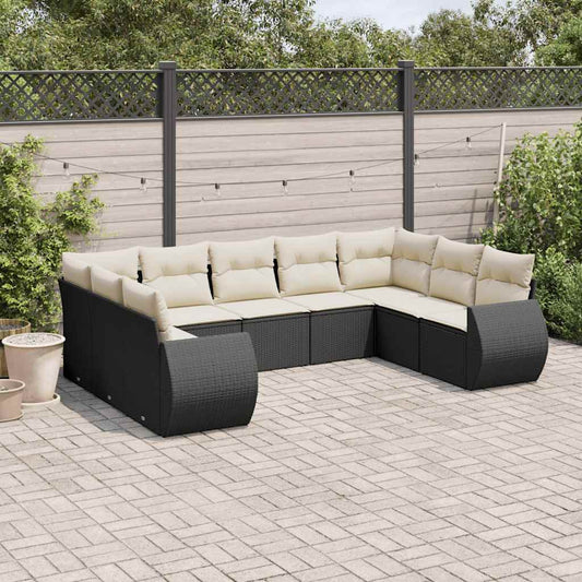9-tlg. Garten-Sofagarnitur mit Kissen Schwarz Poly Rattan