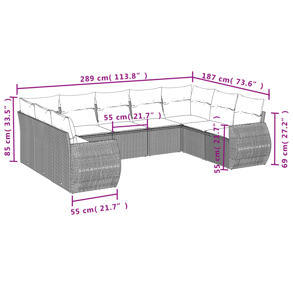 9-tlg. Garten-Sofagarnitur mit Kissen Braun Poly Rattan