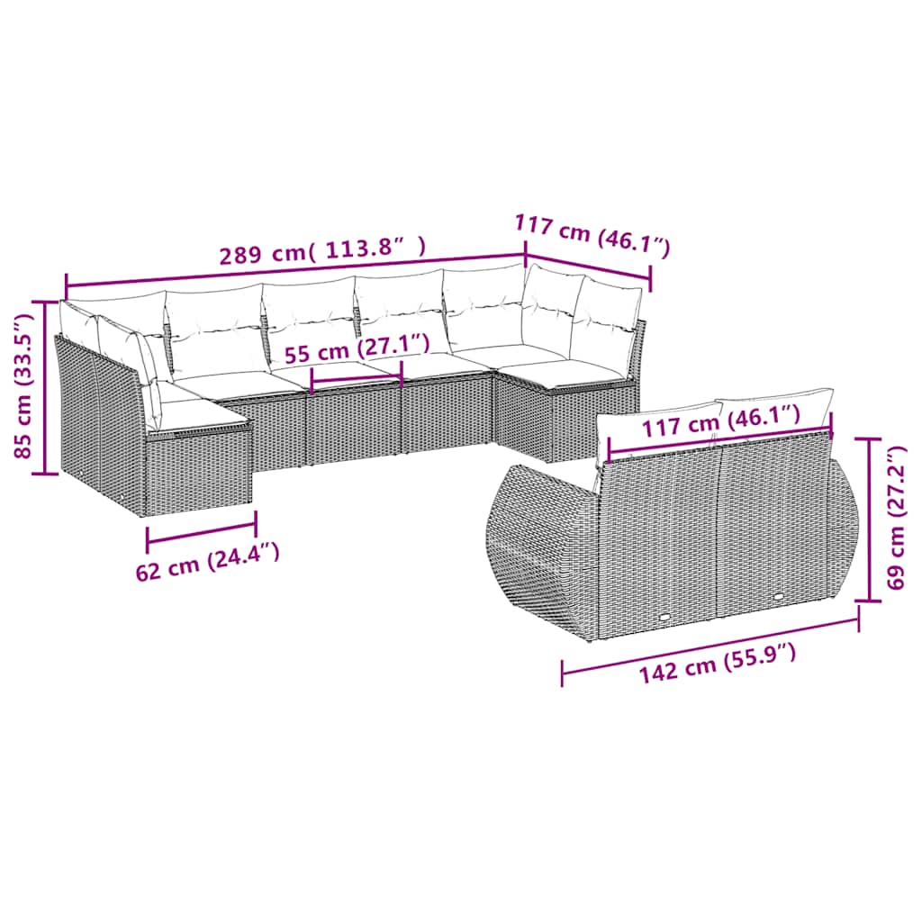 9-tlg. Garten-Sofagarnitur mit Kissen Schwarz Poly Rattan