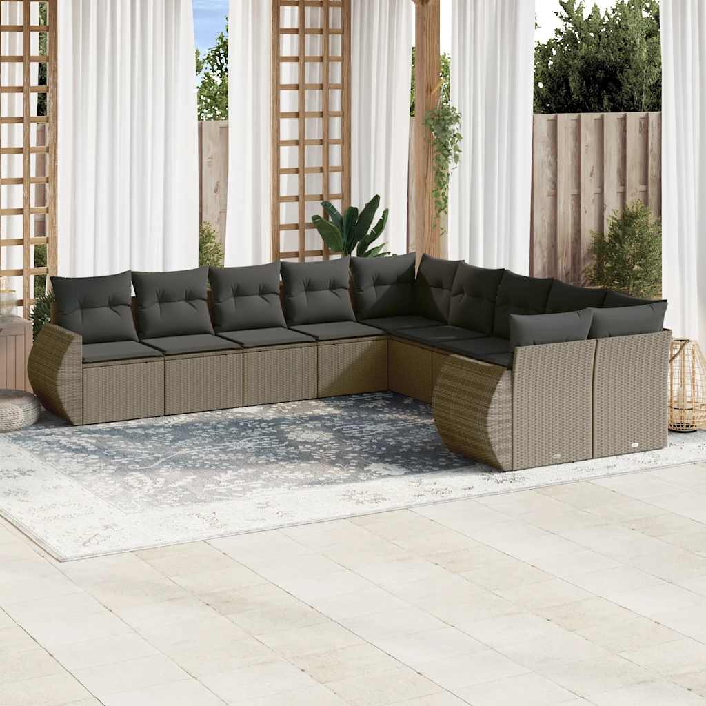 10-tlg. Garten-Sofagarnitur mit Kissen Hellgrau Poly Rattan