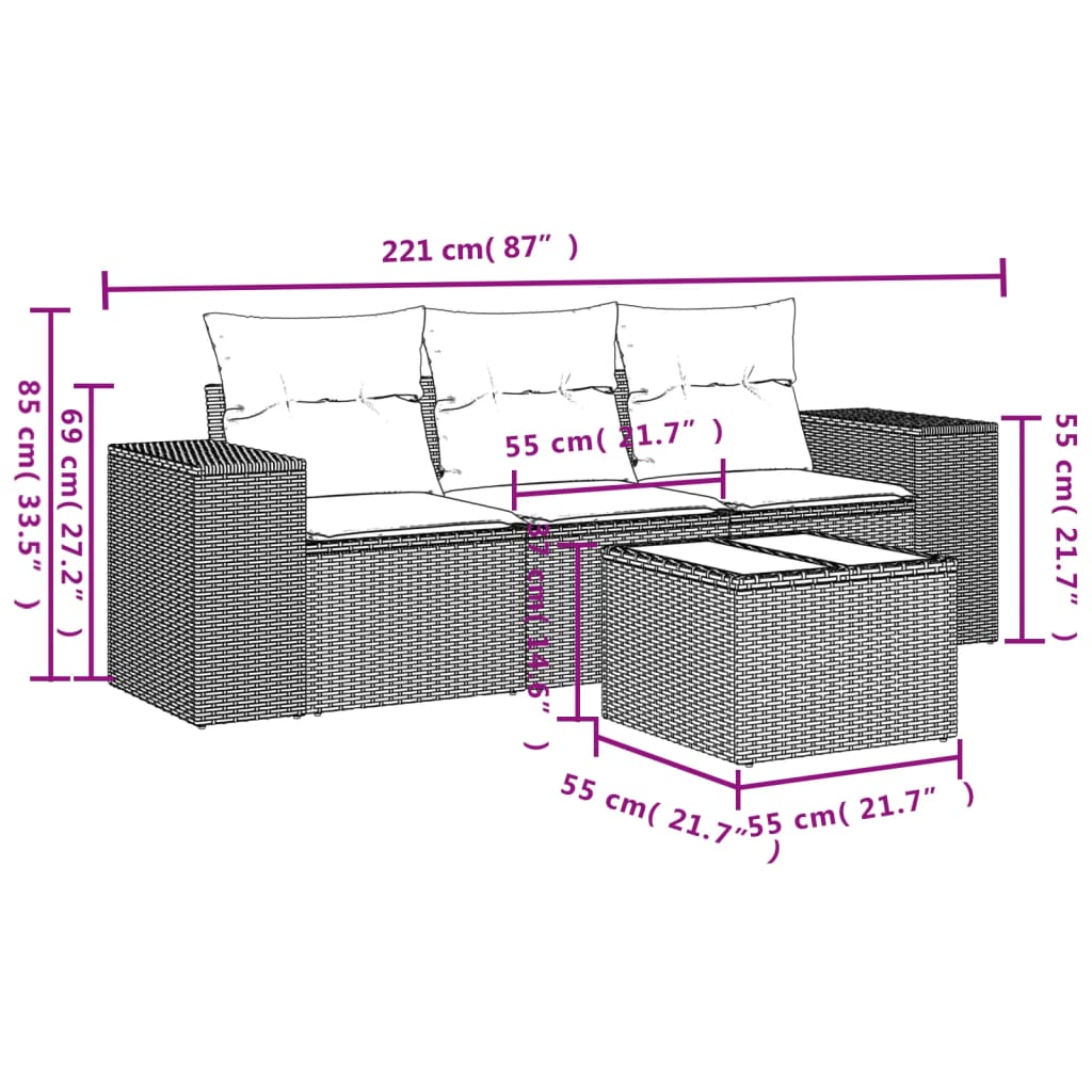 4-tlg. Garten-Sofagarnitur mit Kissen Beige Poly Rattan