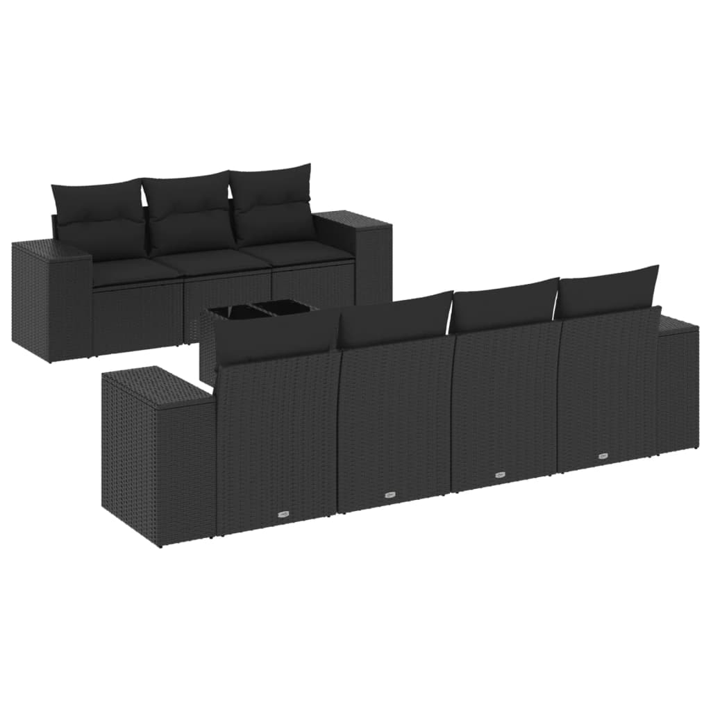 8-piece garden sofa set with cushions, black poly rattan