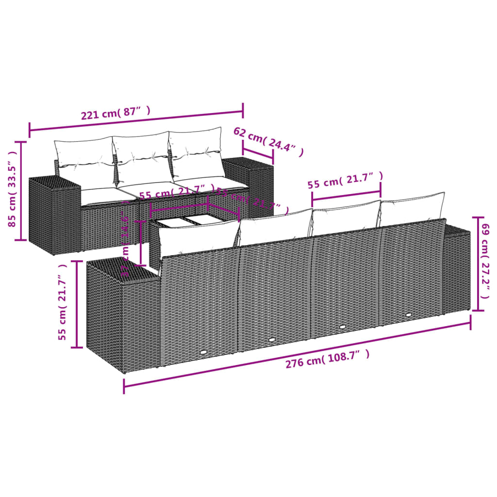 8-piece garden sofa set with cushions, black poly rattan