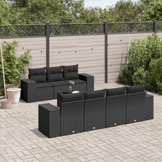 8-piece garden sofa set with cushions, black poly rattan