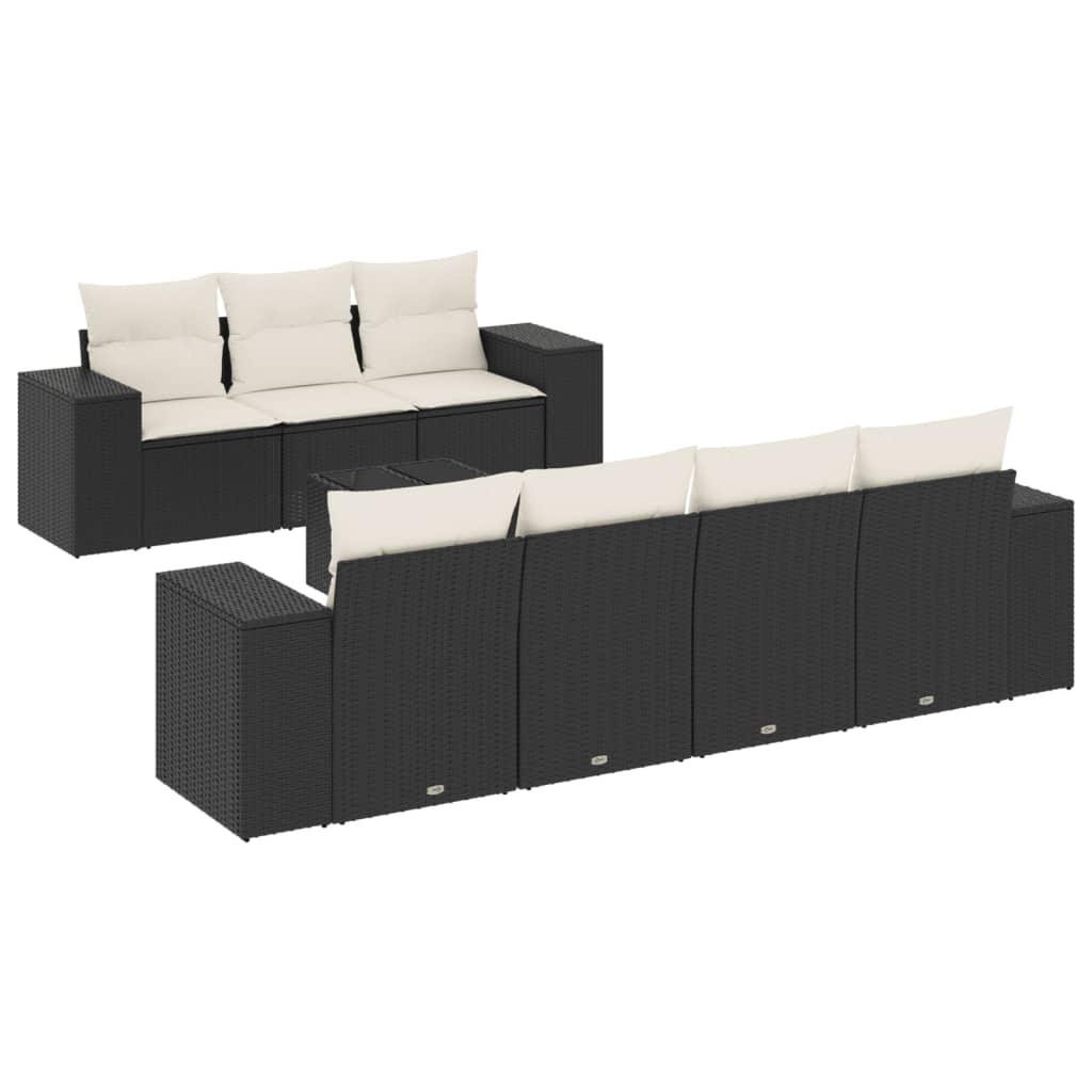 8-piece garden sofa set with cushions, black poly rattan