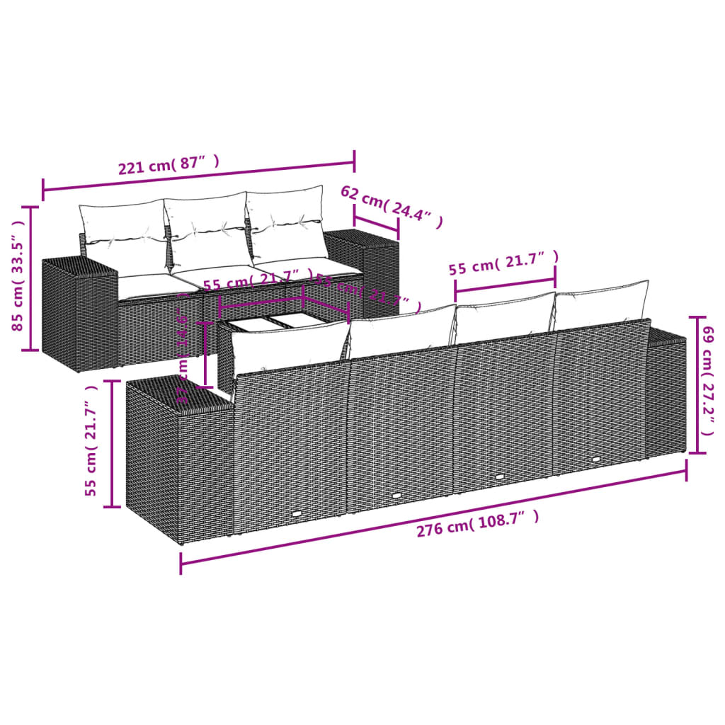8-piece garden sofa set with cushions, black poly rattan