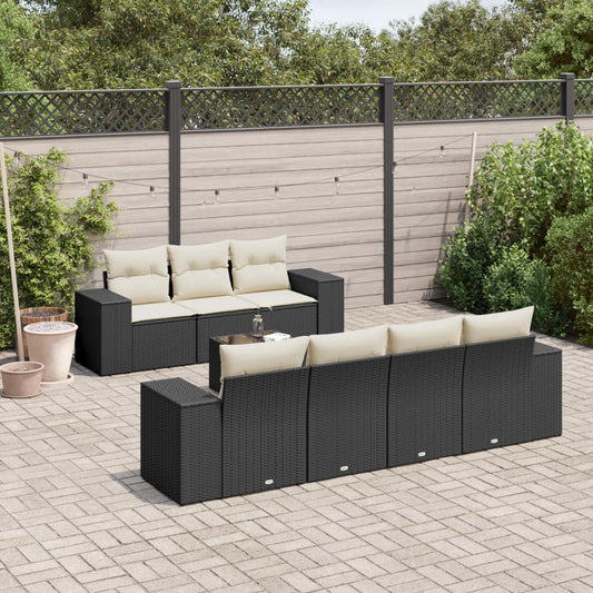 8-piece garden sofa set with cushions, black poly rattan