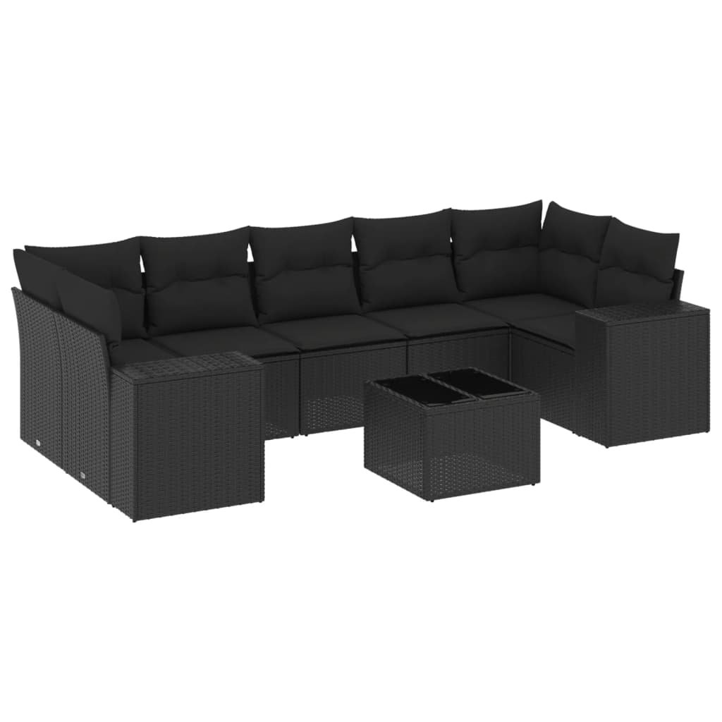 8-piece garden sofa set with cushions, black poly rattan