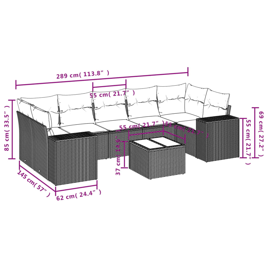 8-piece garden sofa set with cushions, black poly rattan