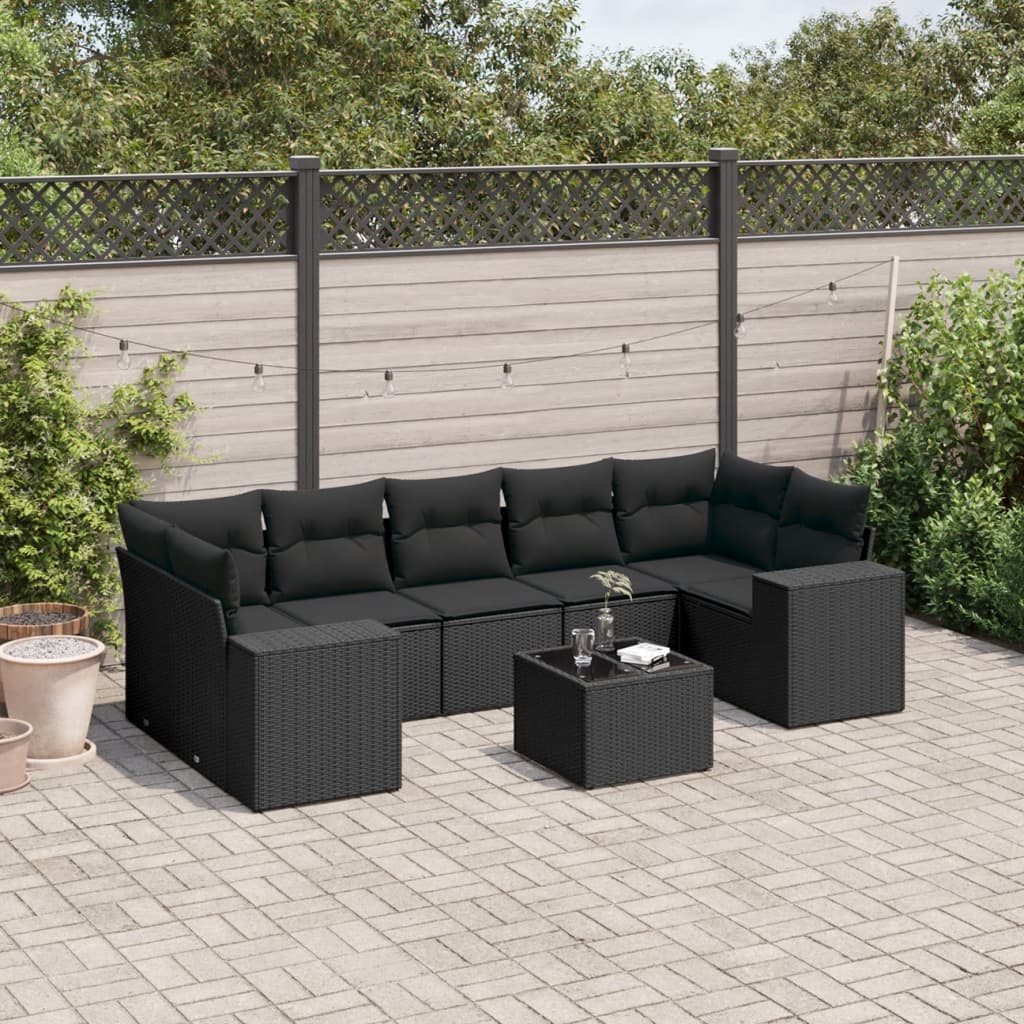 8-piece garden sofa set with cushions, black poly rattan