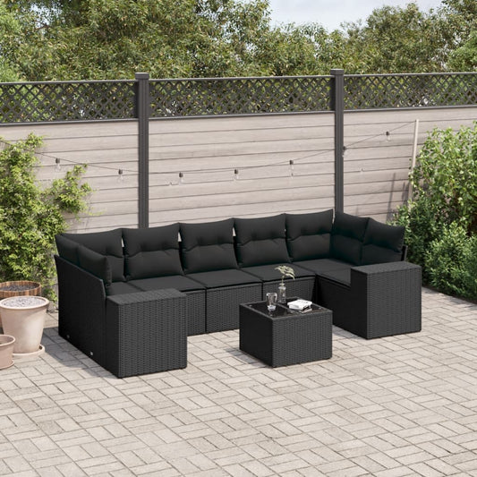 8-piece garden sofa set with cushions, black poly rattan