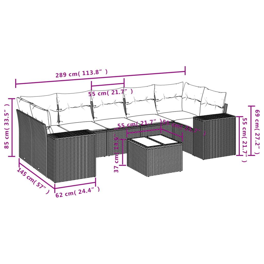 8-piece garden sofa set with cushions, black poly rattan