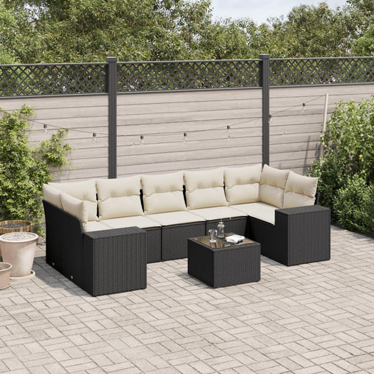8-piece garden sofa set with cushions, black poly rattan