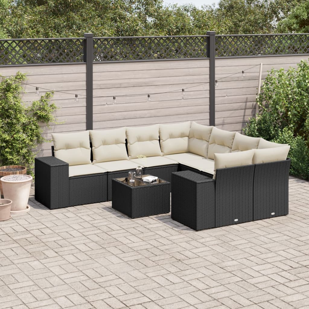 9-tlg. Garten-Sofagarnitur mit Kissen Schwarz Poly Rattan