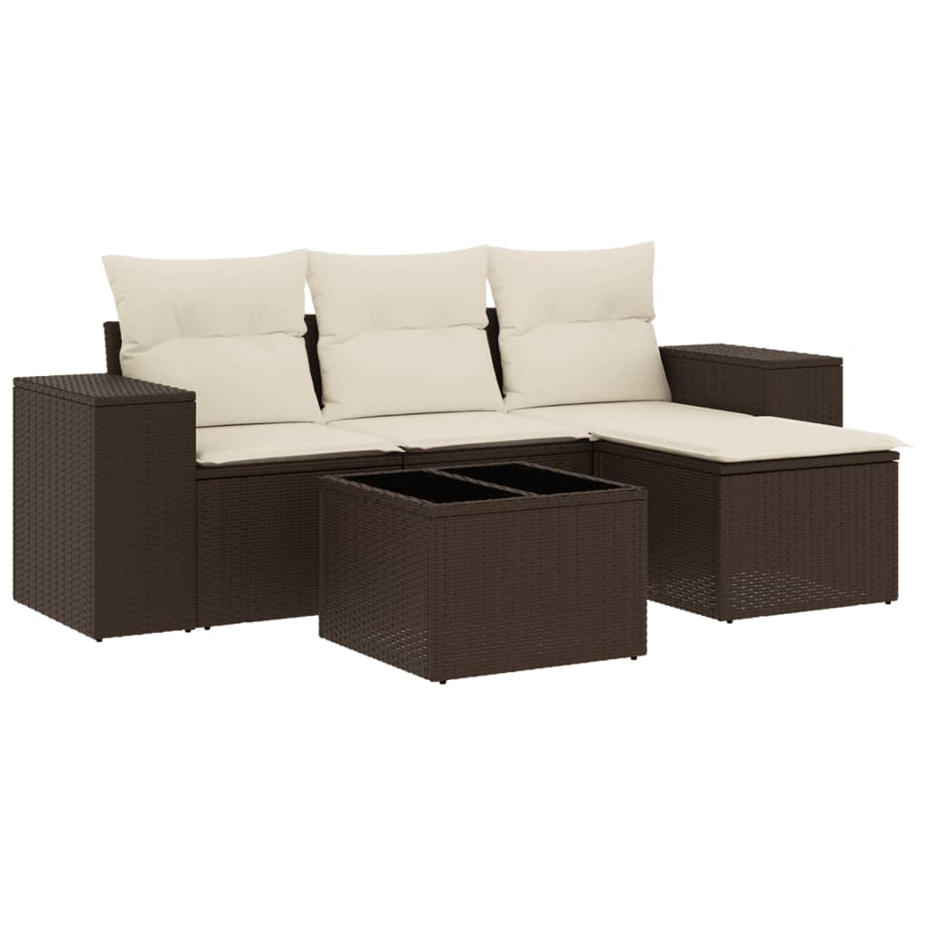 5-tlg. Garten-Sofagarnitur mit Kissen Braun Poly Rattan