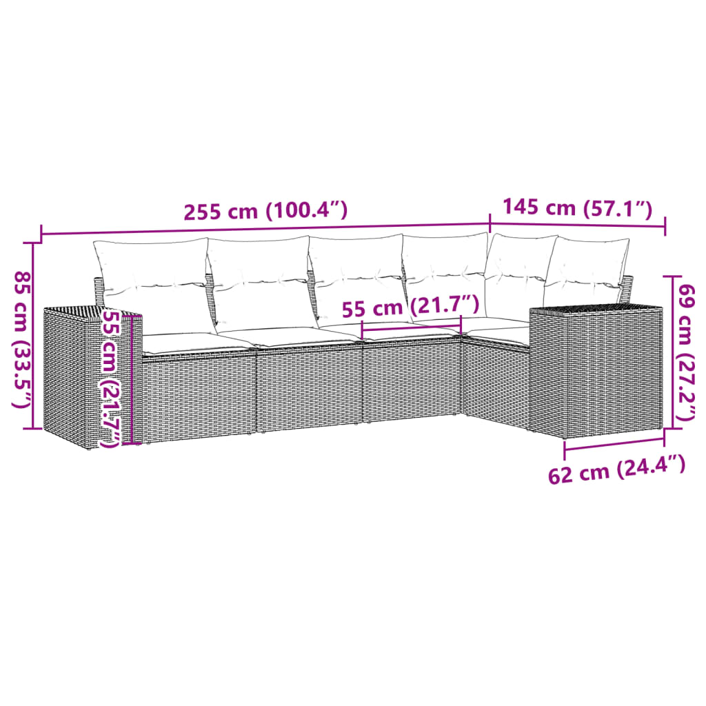 5-tlg. Garten-Sofagarnitur mit Kissen Grau Poly Rattan