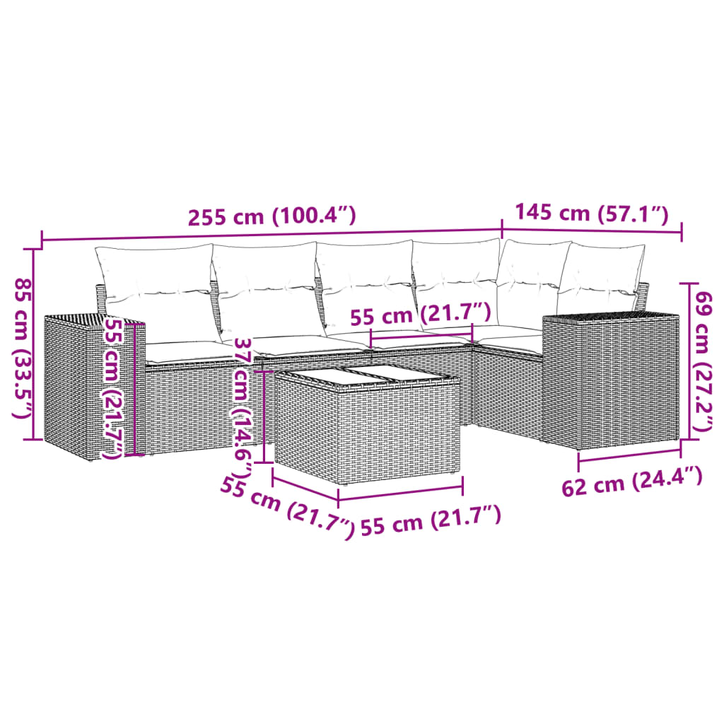6-tlg. Garten-Sofagarnitur mit Kissen Schwarz Poly Rattan