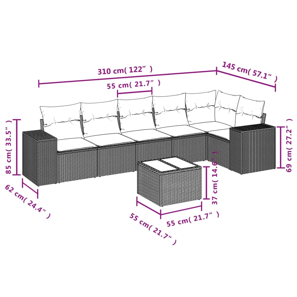 7-tlg. Garten-Sofagarnitur mit Kissen Braun Poly Rattan