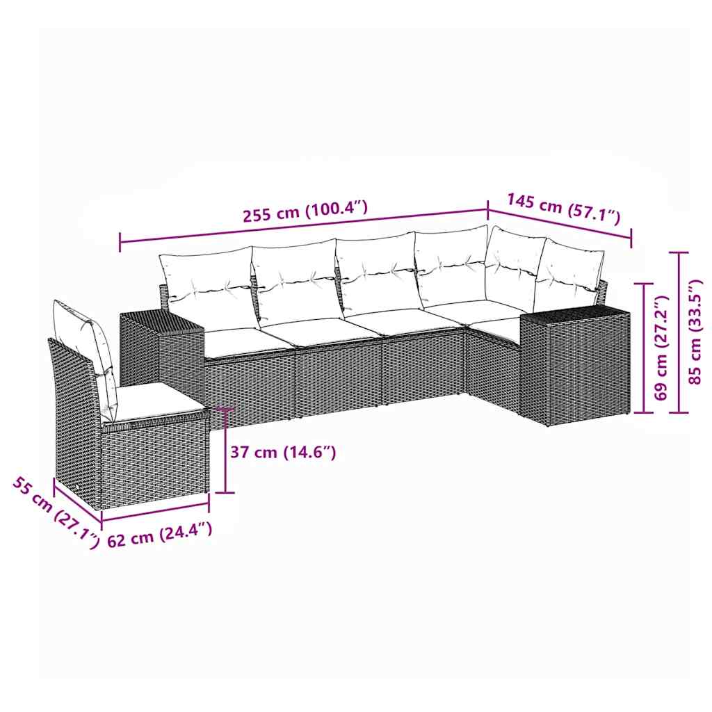 6-tlg. Garten-Sofagarnitur mit Kissen Schwarz Poly Rattan