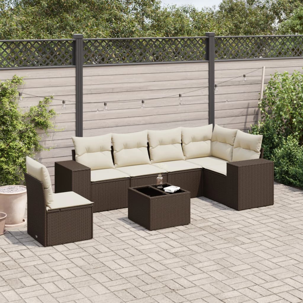 7-tlg. Garten-Sofagarnitur mit Kissen Braun Poly Rattan