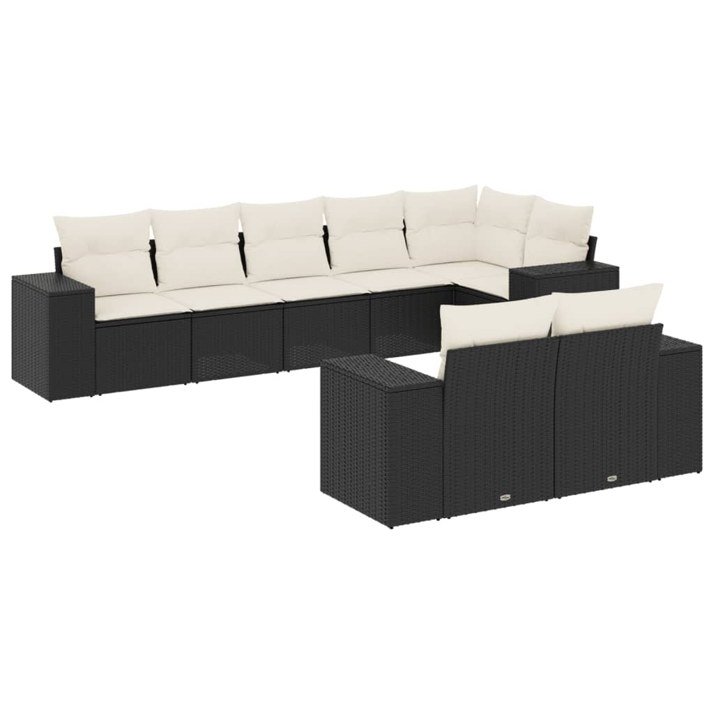 8-piece garden sofa set with cushions, black poly rattan