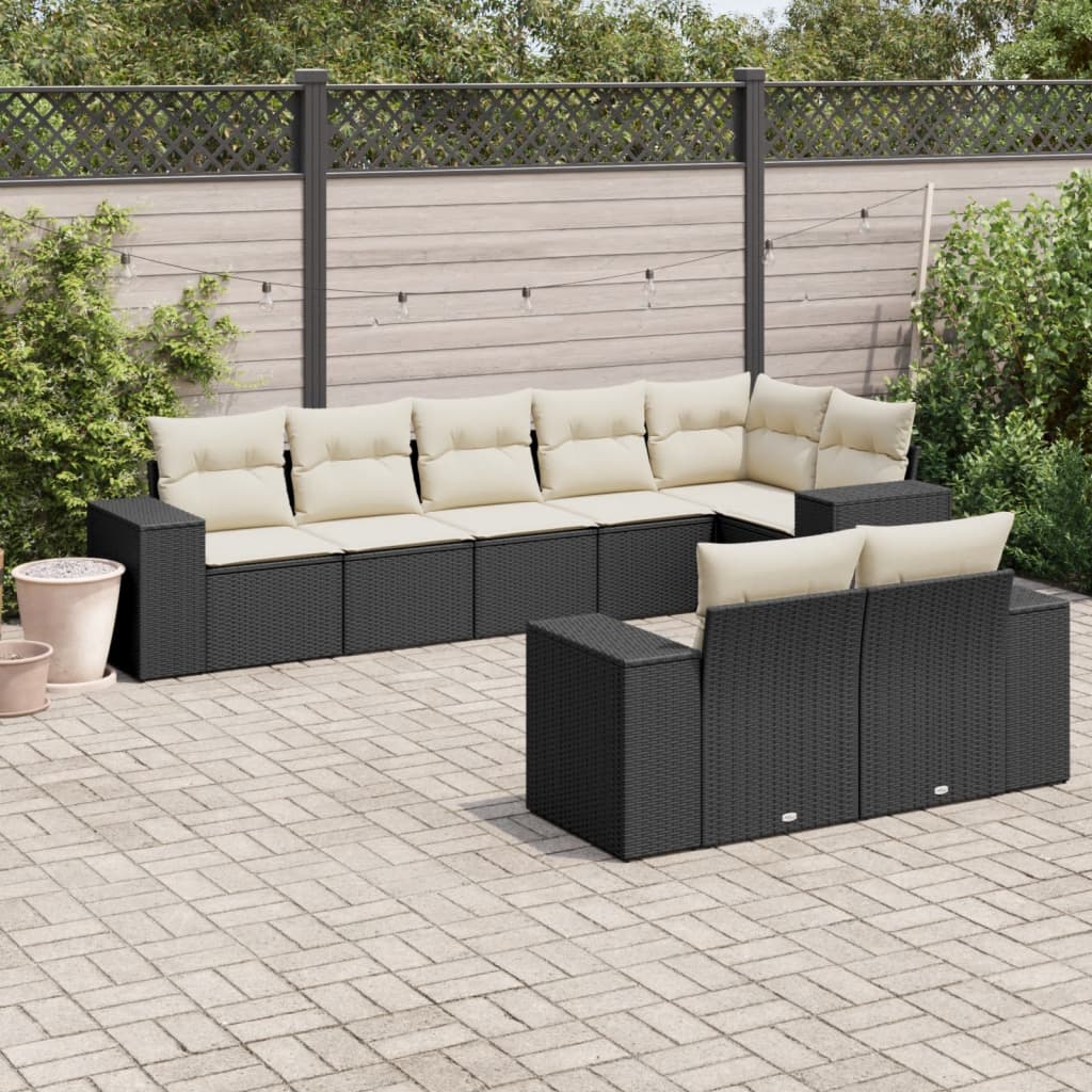 8-piece garden sofa set with cushions, black poly rattan