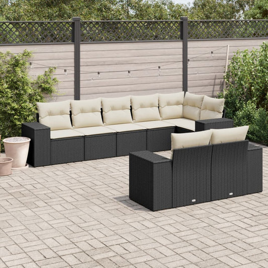 8-piece garden sofa set with cushions, black poly rattan